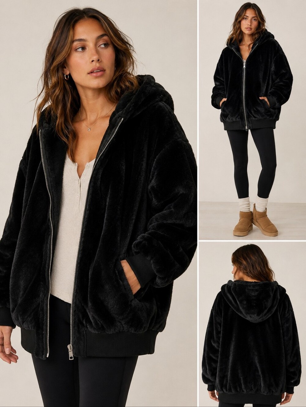 Free People Oversized Black Faux Fur Hooded Zip Jacket XL - Picture 2 of 10